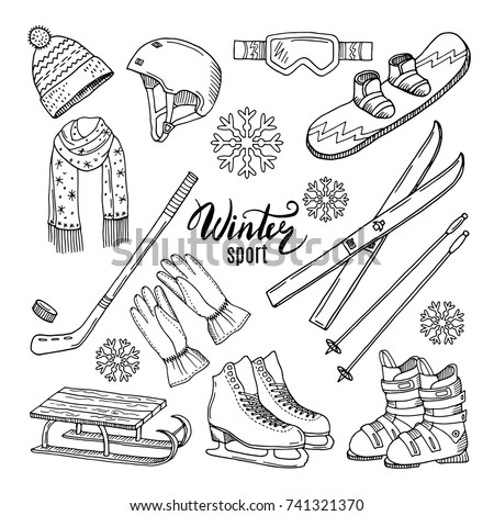 Illustrations of winter sport. Scarf, gloves, ski and others. Winter sport ski and snowboard, helmet and skates vector