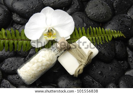 Green fern leaf with flower and salt in glass and soap on pebble