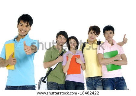 5 happy university students over a white background focus on man in blue