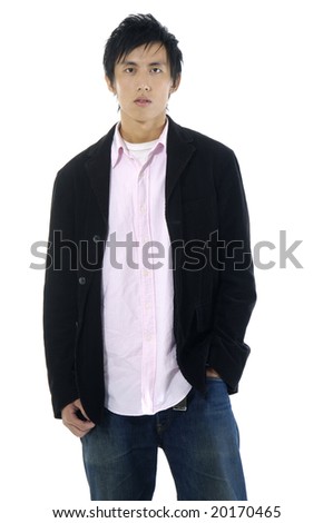 Portrait of a casual young satisfied man. Isolated on white