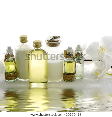 Reflection for essential body massage oils in bottles for body care