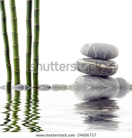 Reflection for tranquil view of bamboo with a stack of stones
