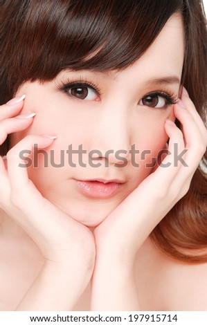 girl Skin care smile face close up and <b>her touch</b> health face - stock-photo-girl-skin-care-smile-face-close-up-and-her-touch-health-face-197915714