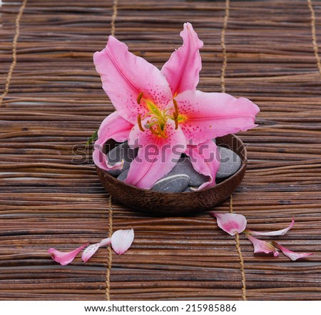 Pink lily with gray stones in wooden bowl on mat