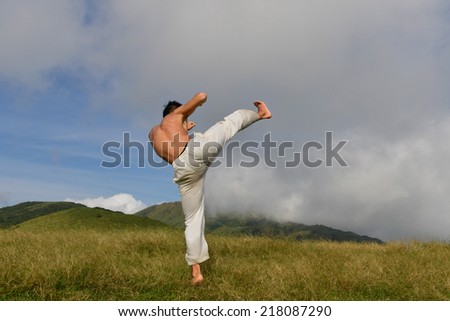 Yong muscular man in exercis eover mountain grass