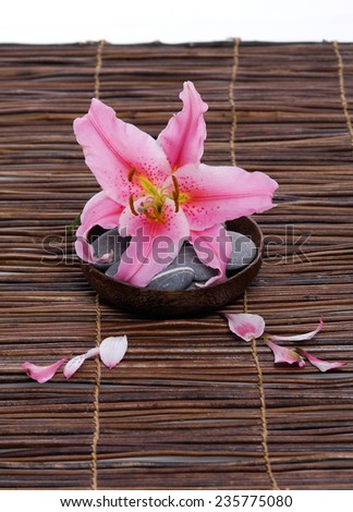 Pink lily with gray stones with petals in wooden bowl on mat