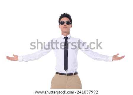 Successful excited business man happy smile hold wide open palm gesture,