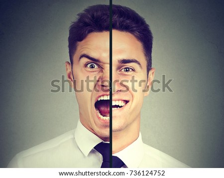 Bipolar disorder. Business man with double face expression isolated on gray background
