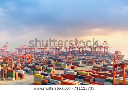 shanghai container terminal at dusk, one of the largest cargo port in the world