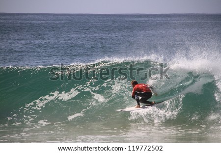 PENICHE, PORTUGAL - OCT 13: Josh Kerr riding a wave in round 1, heat 8 at WCT contest, Rip Curl Pro in Peniche, Portugal on October 13, 2012
