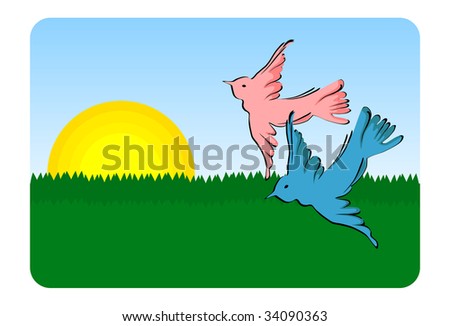 Birds flying - vector (pink and blue bird flying over green landscape)