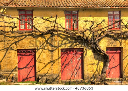 Yellow cottage (home sweet home) with red windows and vine, Geres, Portugal (HDR photo)