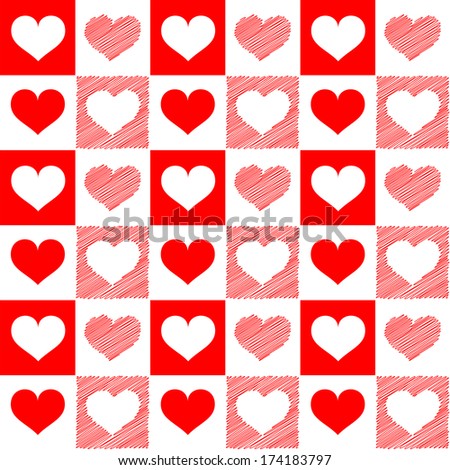 Raster illustration - seamless red white hearts sketch.