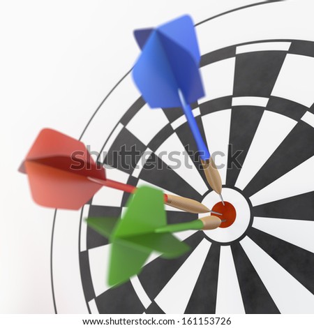 Red, green and blue darts sticking in dart board, 3d rendering on white background