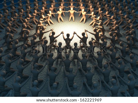 Group, crowd of people, figures worshiping praying to a lit up center, 3d rendering
