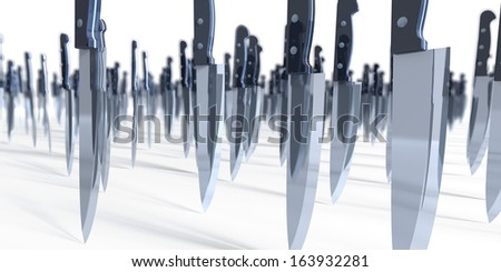 Parade, group of cooking knives on a white plain, 3d rendering isolated on white background