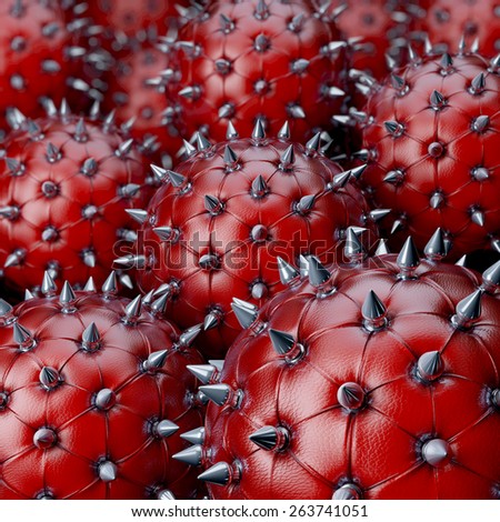 Red leather balls, chesterfield style, with reflecting steel spikes, 3d rendering with depth blur