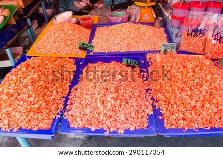 Traditional asian fish market stall full of dried shrimps