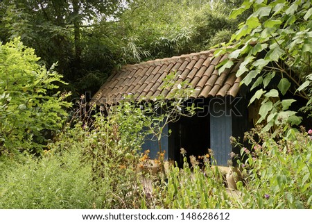 Romantic English cottage garden with shed