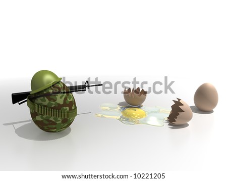 Egg in military clothing and weapons, in breach of calm civilians