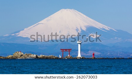 Japan shrine and lighthouse from Sagami bay at Yokosuka, Kanagawa prefecture in winter