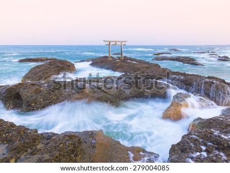 Japan landscape of traditional Japanese gate and sea at Oarai Ibaraki prefecture