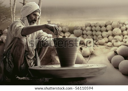 Picture of a potter works on a wood potter's wheel Picture of a potter works on a wood potter's wheel