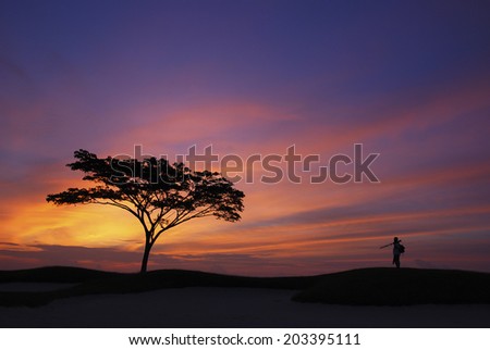 A lone tree and lone man with sunset background.