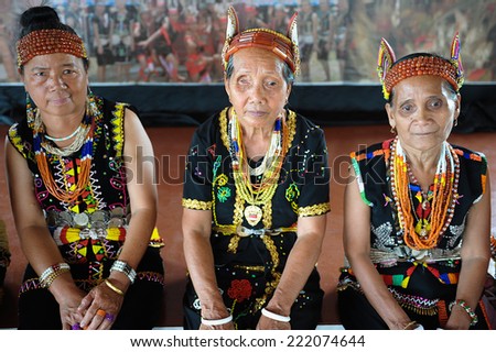 Sipitang, Sabah Malaysia. August 30, 2014.Murut ladies in traditional costume pose for the camera during folklore festival in Sipitang Sabah Malaysia.