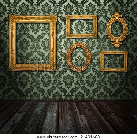 Gold frames, retro wallpaper, spotlights from above, please check for more