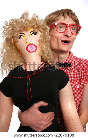 stock photo Nerd and his blowup girlfriend similar available in my 