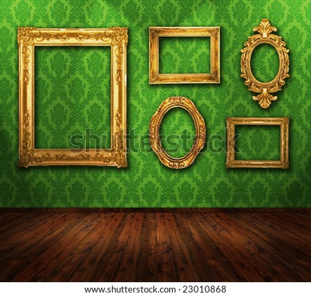 Beautiful interior, vintage wallpaper, wooden floor, gold ornate frames, similar available