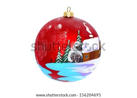 Christmas jewelry and toys - a ball for a New Year tree, a winter lodge and trees, a place for the text, isolated on a white background