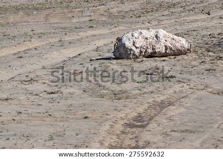 the isolated big piece of old concrete is located on old sandy soil of a building site