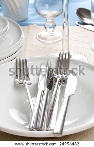 shiny silverware on white plate