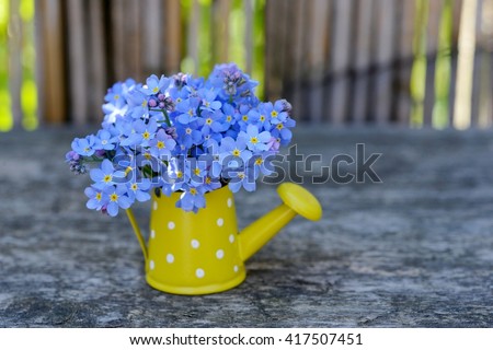 Flowers. Blue flowers. Flowers in vase.  Flowers on old wood. Card with flowers. Blue spring flowers.Spring flowers in watering can. Beautiful flowers. Flowers in watering can.Flowers in yellow vase.