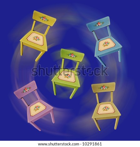 Typical, hand-painted Sudtirol chairs that float in the air and turn in circle during a magic dance