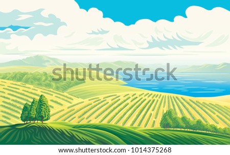 Rural landscape with a beautiful view of distant fields and lake or sea. Vector illustration.