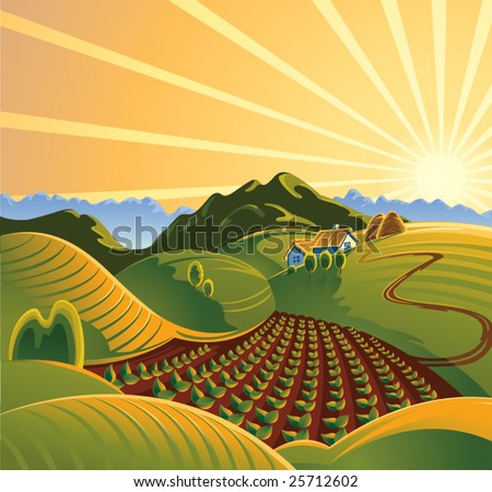 Solar rural landscape with a sunset and mountains