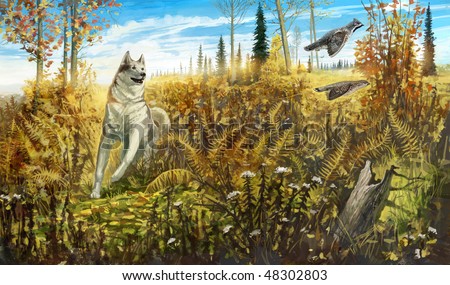 A dog chasing hazel grouses, in the autumn forest. Digital art.