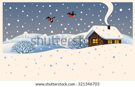 Winter landscape with country house and bullfinches.