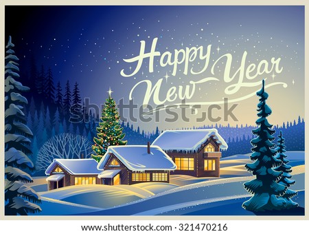 Winter forest landscape with houses and Christmas tree.