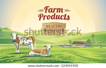 Two cows in a landscape and a farm.