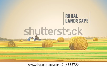 Countryside landscape with hay, field and village.