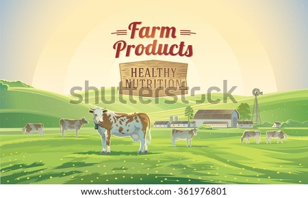 Rural landscape with cows and farm. Rural landscape with cows and farm in background and lettering \
