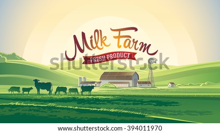 Rural landscape with farm and milk herd cows. Milk farm.