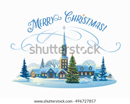 Festive rural landscape with winter village and Christmas trees.