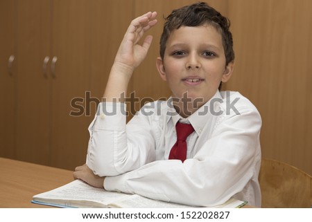 Young student raises hand to give an answer