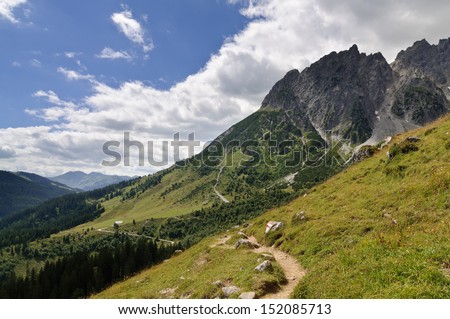 alpine hiking trail with trail marker leading through meadow, view of Taghaube and the pasture of Stegmoosalm, mountain Hochkoenig, Salzburg, Austria