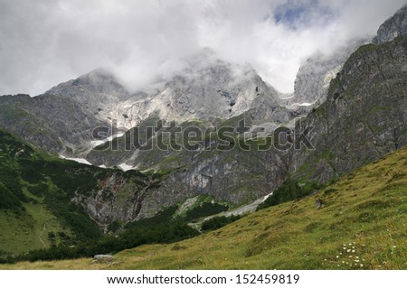 view over pasture and mountain pine in summer to the cascade and cliffs at the valley end of Riedingtal, mountain Hochkoenig, Salzburg, Austria